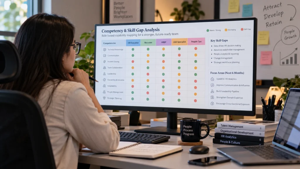 HR professional mapping competencies and skill gaps on a framework chart